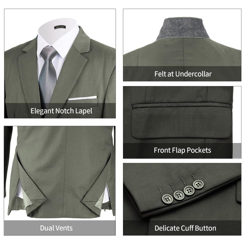 WEEN CHARM Suits for Men,3 Piece Slim Fit Suit Set with 2-Button Blazer,Vest,Pants,Tuxedo for Wedding,Prom,Party,Business Olive Green - Image 2